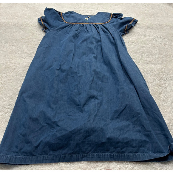 Go Softly Patio Dress Denim Zip Embroidered Floral Bumble Bee M Cotton Cottage - Picture 2 of 4